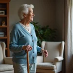 Femme senior avec cardigan bleu dans un salon chaleureux