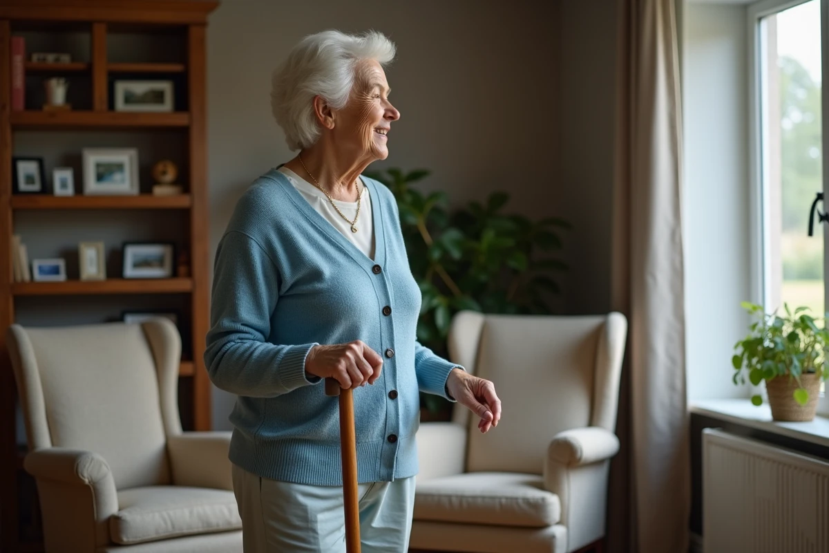 Femme senior avec cardigan bleu dans un salon chaleureux