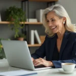 Femme senior élégante consultant un site de rencontre haut de gamme sur son ordinateur portable dans un bureau à domicile moderne