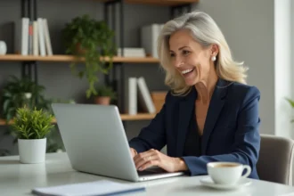 Femme senior élégante consultant un site de rencontre haut de gamme sur son ordinateur portable dans un bureau à domicile moderne