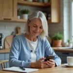 Femme d'âge moyen souriante vérifiant une application sur smartphone dans la cuisine