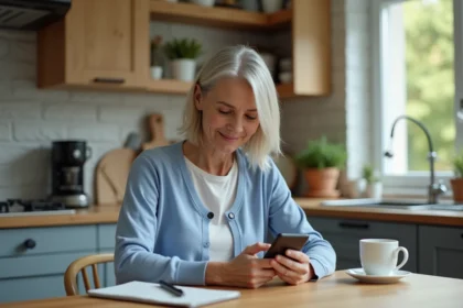 Femme d'âge moyen souriante vérifiant une application sur smartphone dans la cuisine