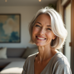 Femme de 60 ans souriante dans un salon moderne