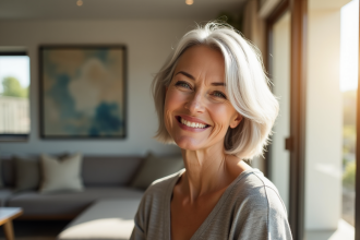 Femme de 60 ans souriante dans un salon moderne