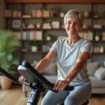 Femme senior souriante faisant du vélo d'appartement dans un salon lumineux