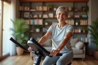 Femme senior souriante faisant du vélo d'appartement dans un salon lumineux