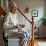 Femme senior souriante utilisant un monte-escalier portable à la maison