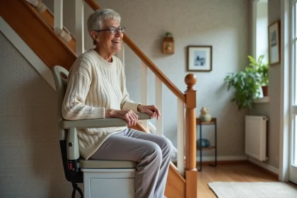 Femme senior souriante utilisant un monte-escalier portable à la maison