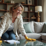 Femme souriante nettoyant une table moderne dans un salon accueillant