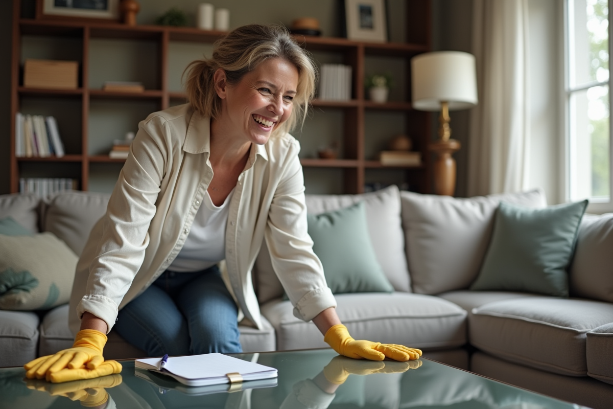 Femme souriante nettoyant une table moderne dans un salon accueillant