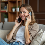 Femme d'âge moyen souriant au téléphone à la maison