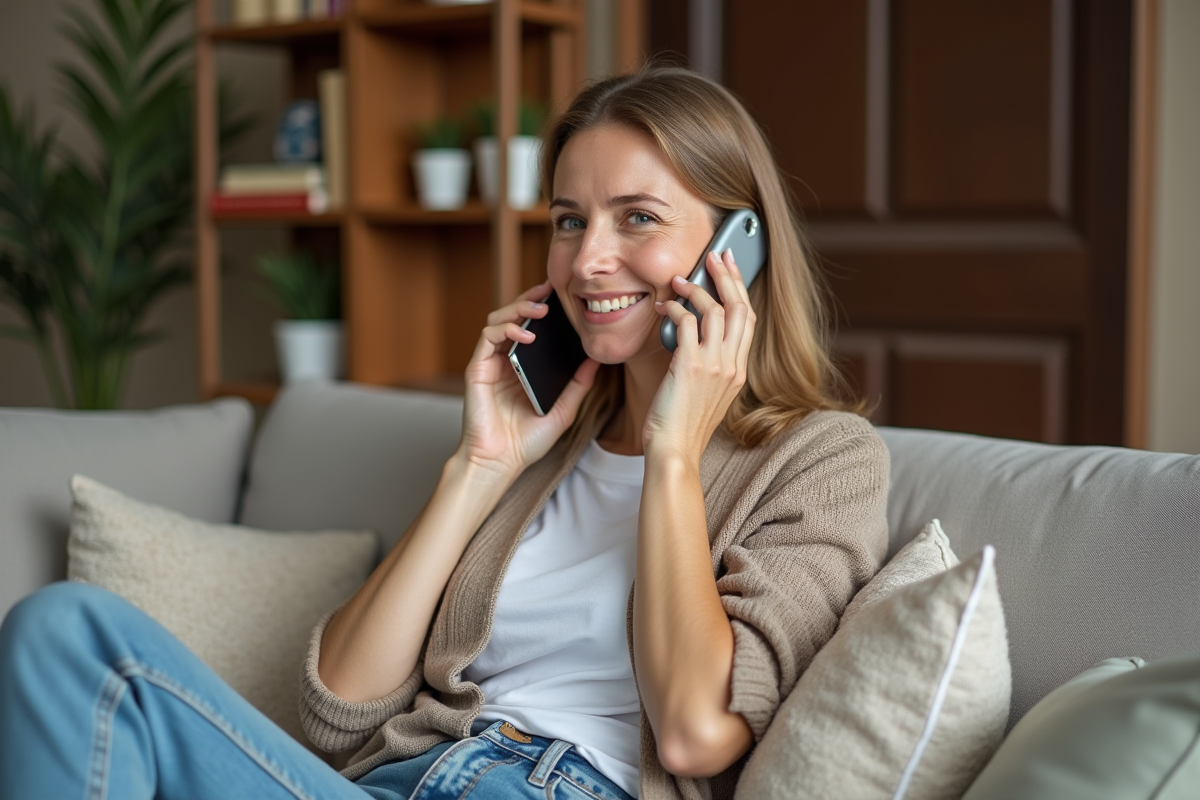 Femme d'âge moyen souriant au téléphone à la maison