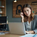 Femme au bureau consulte une politique de confidentialité