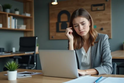 Femme au bureau consulte une politique de confidentialité