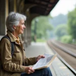 Femme de 50 ans avec sac à dos sur plateforme de train