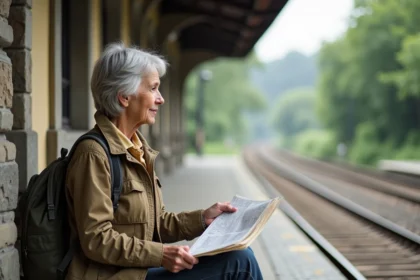 Femme de 50 ans avec sac à dos sur plateforme de train