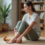 Femme assise utilisant un rouleau d'acupression sur ses pieds dans un salon