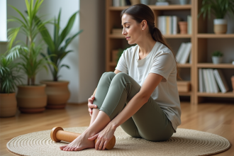 Femme assise utilisant un rouleau d'acupression sur ses pieds dans un salon
