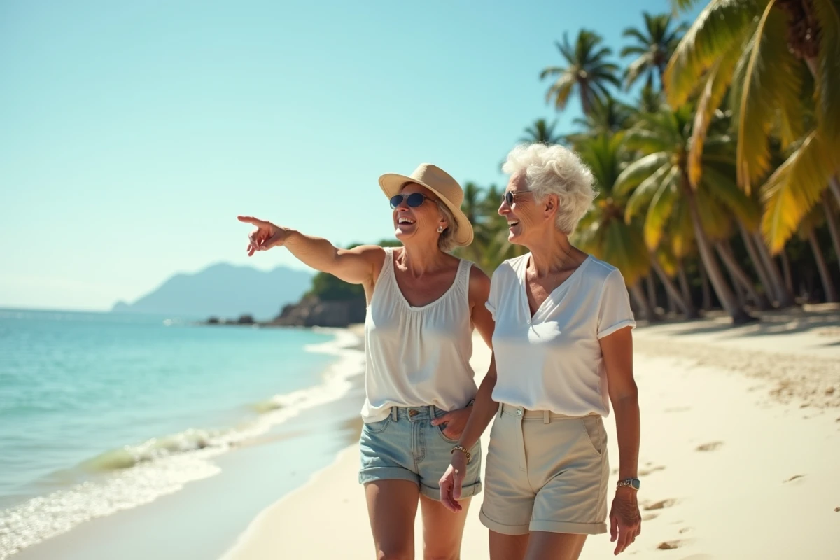 Deux femmes âgées marchant sur une plage tropicale ensoleillée