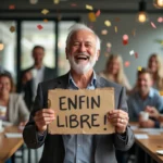 Collègue souriant tenant une pancarte humoristique lors d'une fête de départ à la retraite au bureau