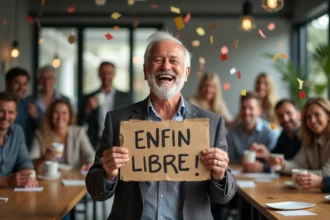 Collègue souriant tenant une pancarte humoristique lors d'une fête de départ à la retraite au bureau