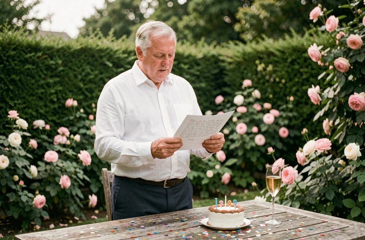 Homme lisant une carte de départ à la retraite lors d'une fête en plein air dans un jardin fleuri
