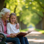 Une grand-mère et une petite fille rient en lisant dans un parc