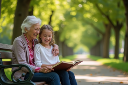 Une grand-mère et une petite fille rient en lisant dans un parc