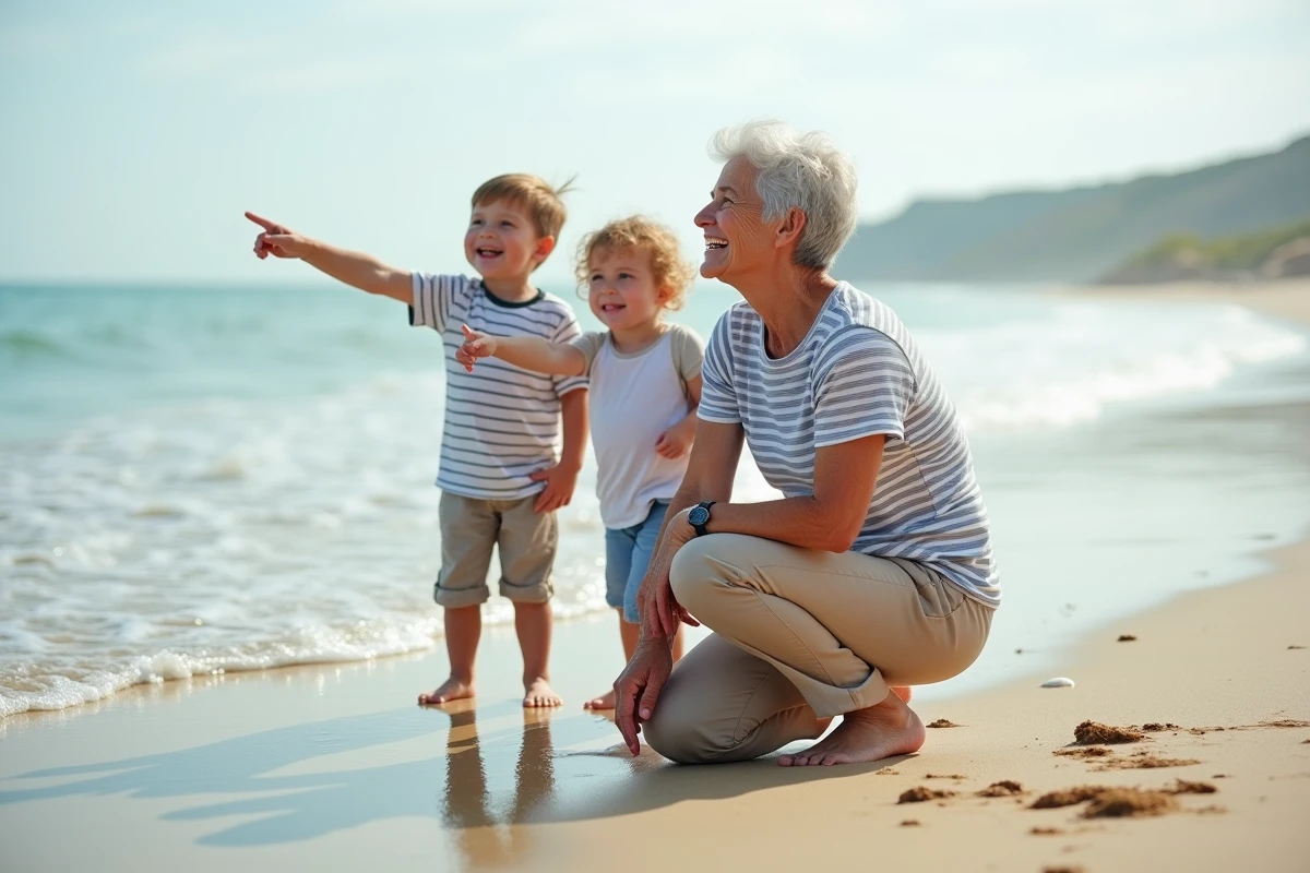 Grand-mère retraitée jouant avec ses petits-enfants sur la plage lors de vacances en famille