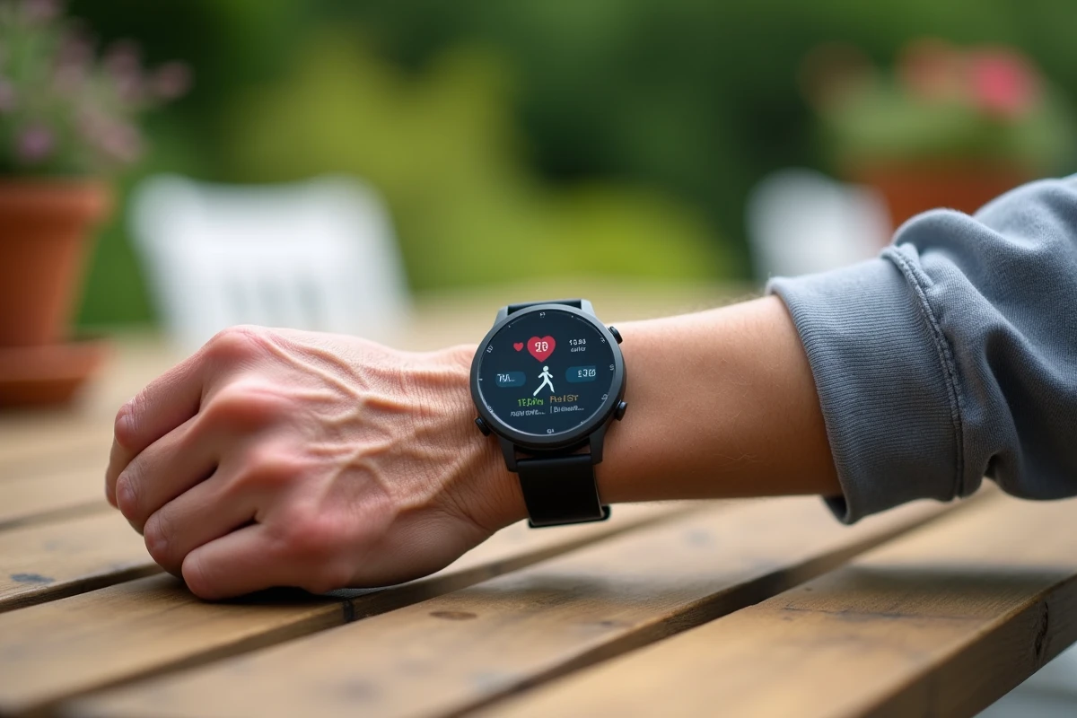 Gros plan sur une montre connectée senior affichant des données de santé au poignet d'une personne âgée dans un jardin