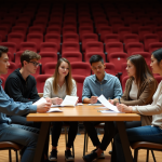Groupe d'acteurs jeunes en répétition dans un théâtre