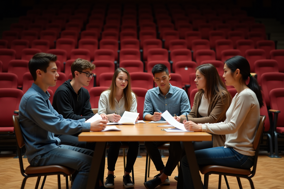 Groupe d'acteurs jeunes en répétition dans un théâtre