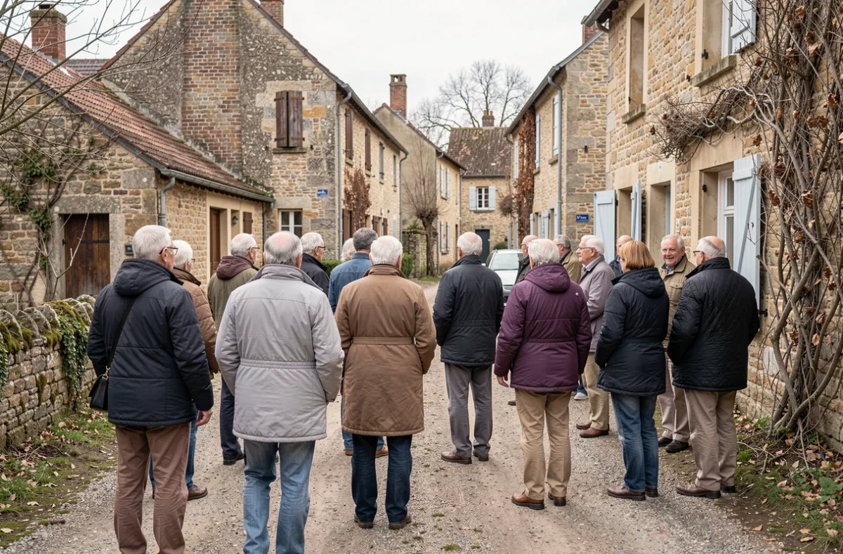 Groupe de retraités en excursion dans un village hors saison