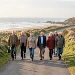 Groupe de seniors en promenade sur un sentier côtier au printemps