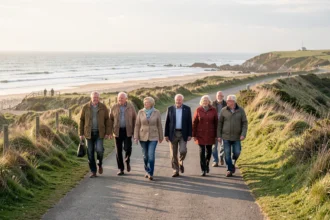 Groupe de seniors en promenade sur un sentier côtier au printemps