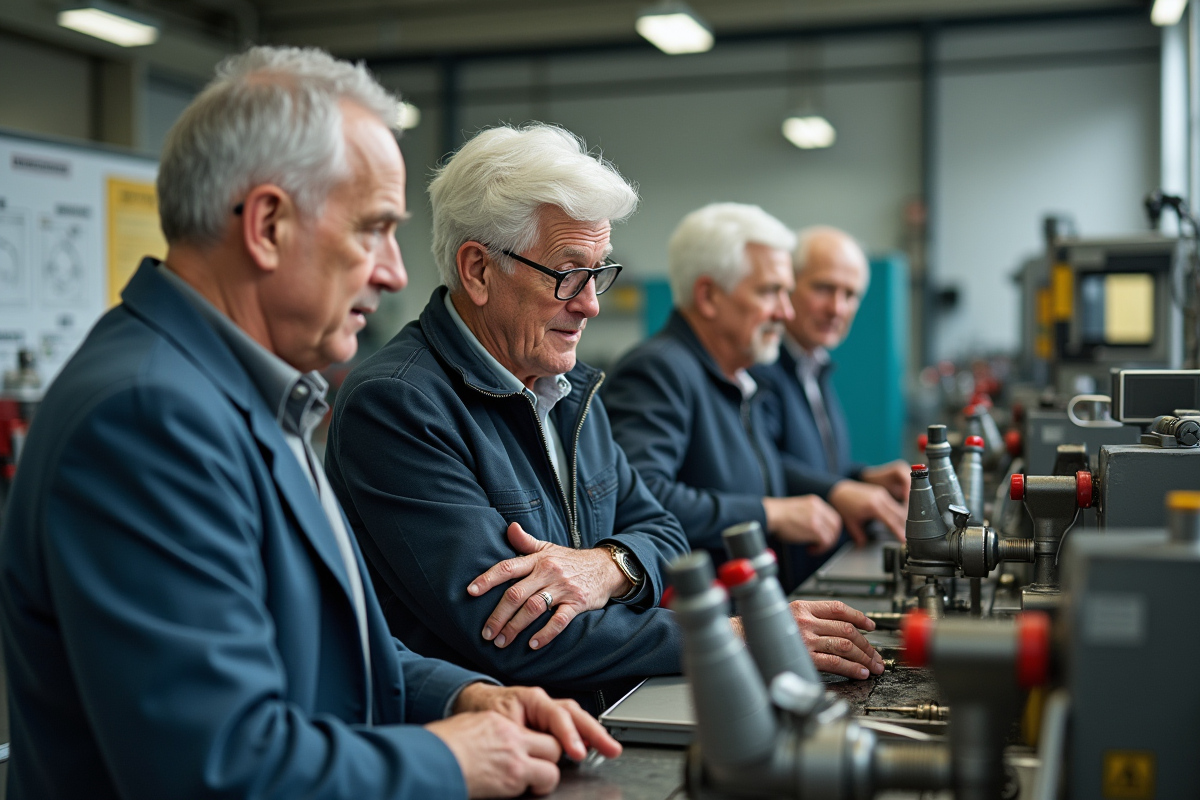 Groupe de seniors en formation avec machines industrielles en atelier