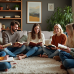 Groupe de personnes lisant et discutant dans un salon chaleureux