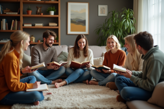 Groupe de personnes lisant et discutant dans un salon chaleureux