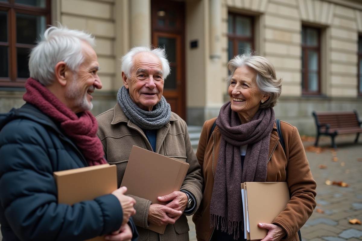 Groupe de retraités français discutant devant un bâtiment officiel