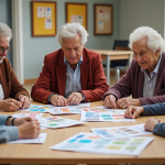Groupe de seniors organisant des flyers dans un centre communautaire
