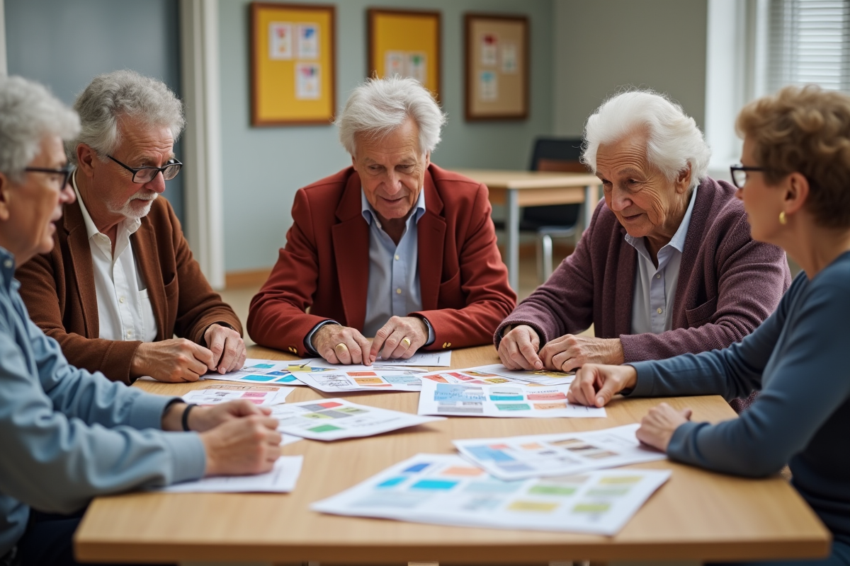 Groupe de seniors organisant des flyers dans un centre communautaire