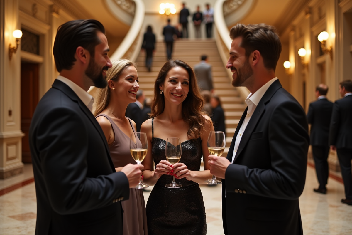 Groupe de spectateurs discutant dans le hall du théâtre