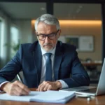 Homme d'affaires en costume bleu examine des documents de pension