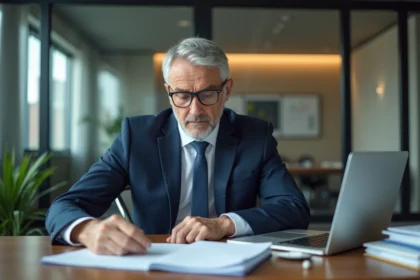 Homme d'affaires en costume bleu examine des documents de pension