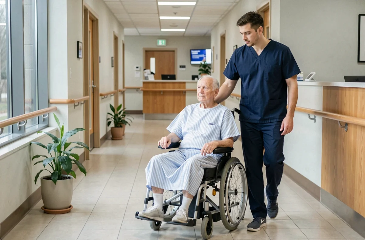 Un homme âgé en fauteuil roulant accompagné par un infirmier dans le couloir d'un établissement de soins, représentant un niveau GIR élevé de dépendance
