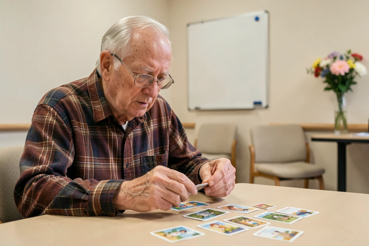 Homme âgé concentré sur un jeu de Memory lors d'un atelier cognitif en maison de retraite