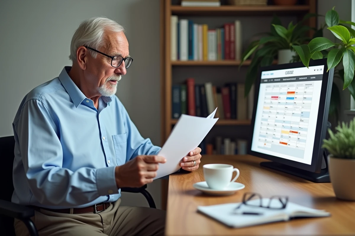 Un homme âgé lit le guide d'installation de son calendrier électronique senior à son bureau à domicile