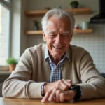 Homme âgé examine sa smartwatch de détection de chute