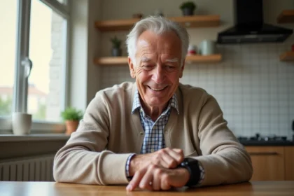 Homme âgé examine sa smartwatch de détection de chute
