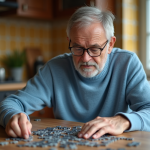 Homme d'âge moyen assemble un puzzle dans une cuisine chaleureuse